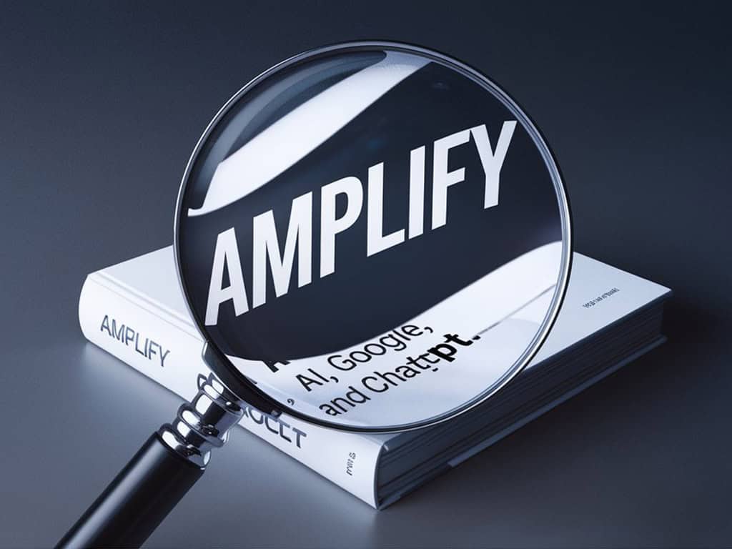 Image of a magnifying glass showing the word Amplify from the book below it